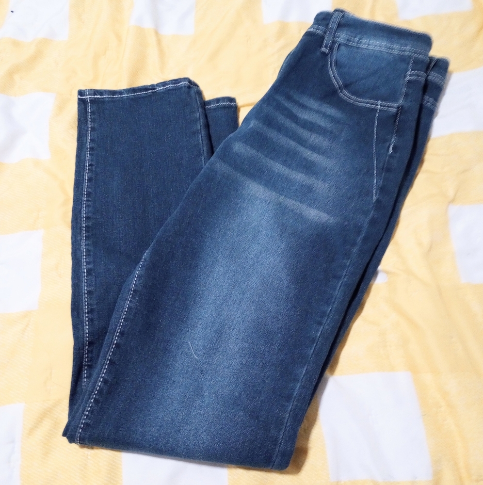 Ankle, cross pockets, denim blue jeans Large, tight fit, faded